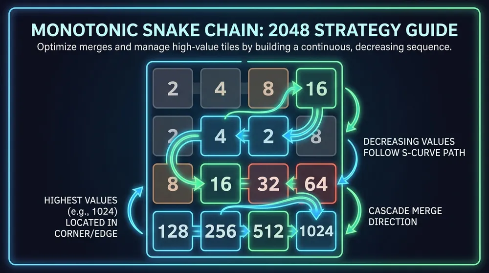Monotone slangenketen in 2048: S-curve trapsgewijs omlaag van rij 3 naar rij 4