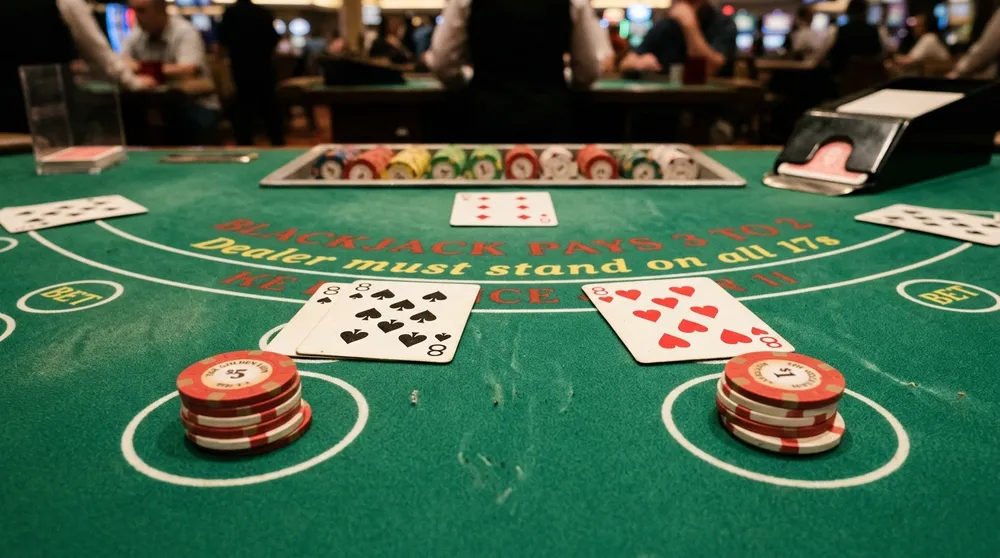 Echter Casino-Blackjack-Tisch mit geteiltem Achterpaar und Wetteinsatz-Chips