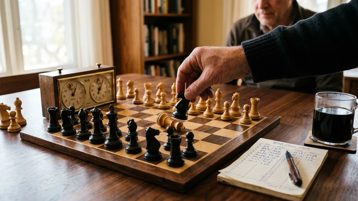 A classic wooden Staunton chess set on a dark table beside an analog clock and scorepad