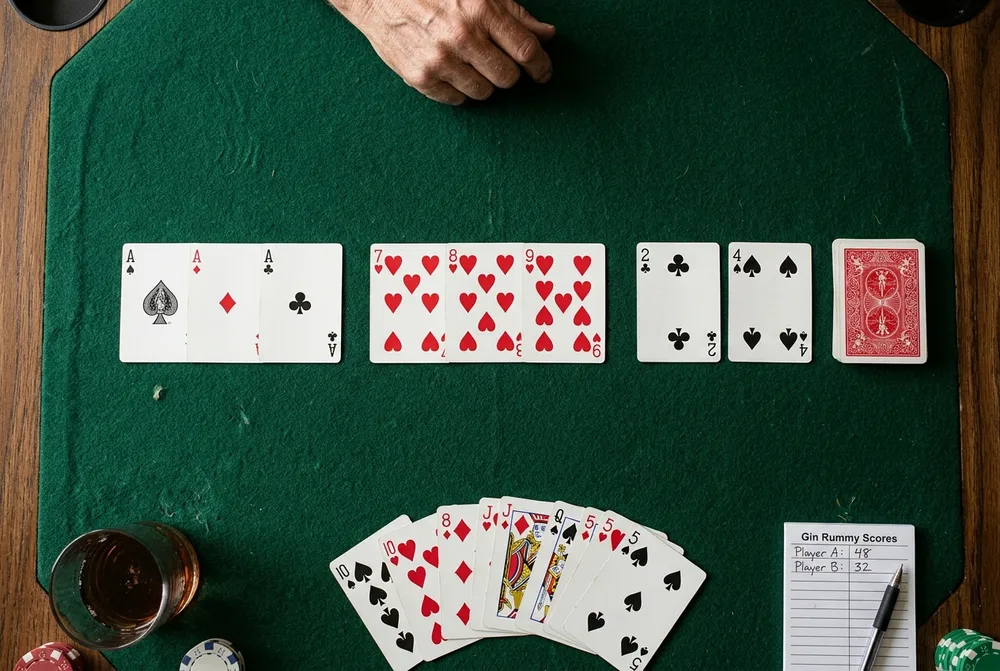Disposição de cartas na mesa com trinca de Ases, sequência de copas e cartas...