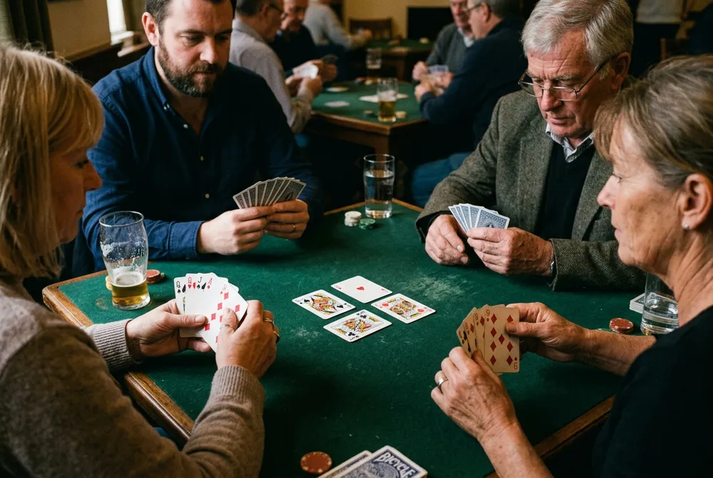 Joueurs de cartes réunis autour d'un tapis vert disputant un pli avec la Dame...