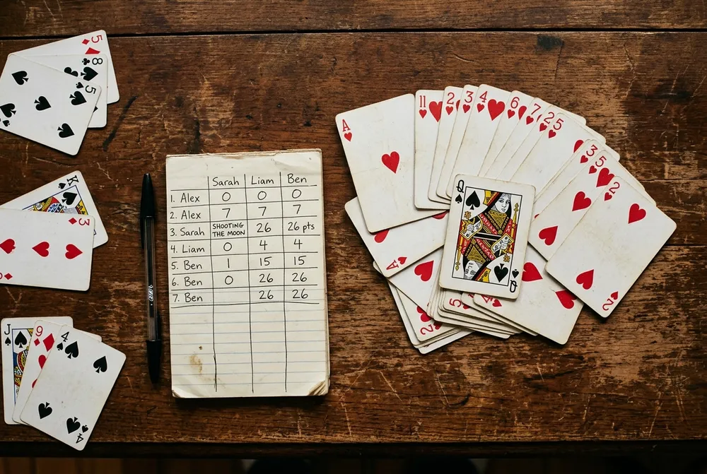 Disposition sur table avec treize cartes de cœur et la Dame de Pique posées à...