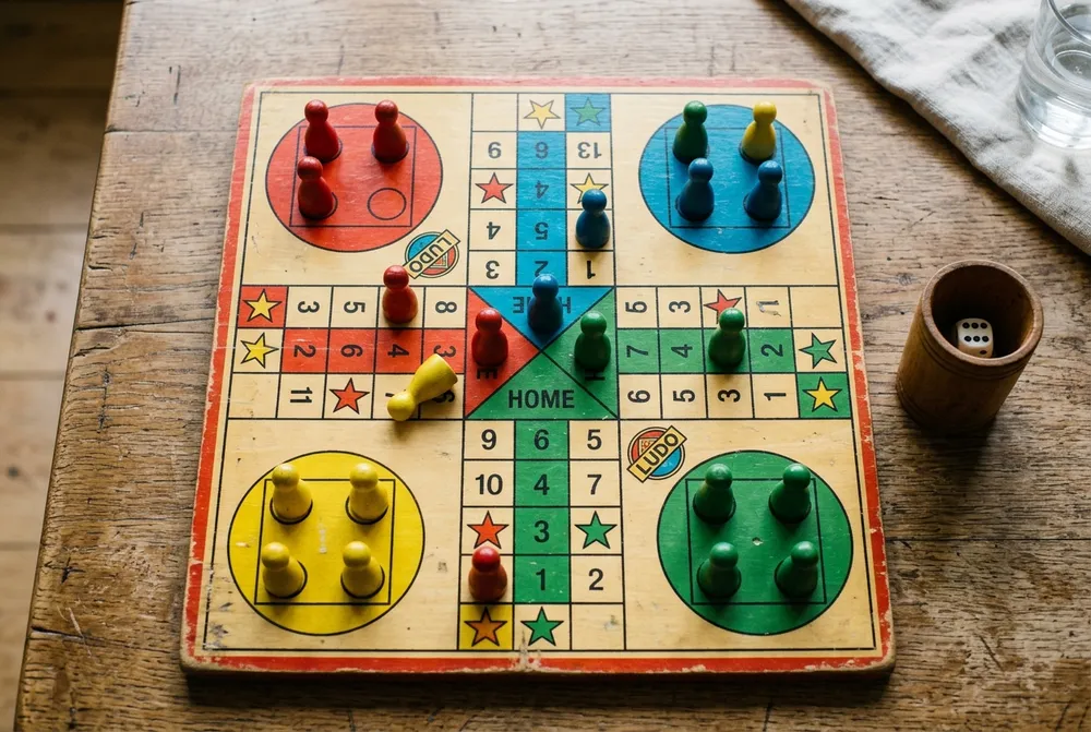 Vue de dessus d'un tablier de Ludo en bois avec des pions progressant sur le...