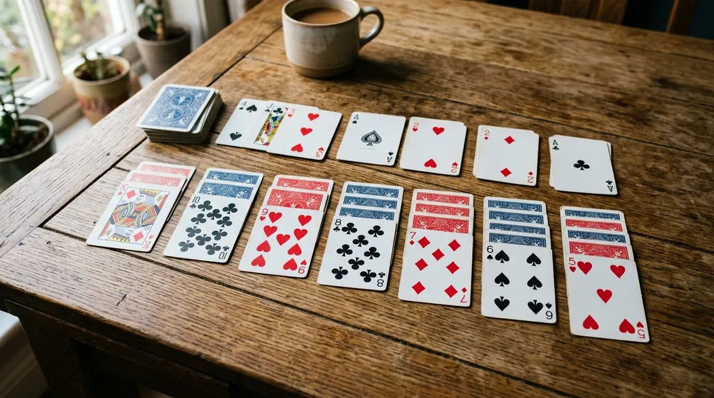 Solitaire card columns and foundation piles arranged on a wooden table