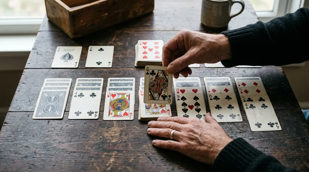 Hands transferring a black Queen onto an exposed card during a game of solitaire
